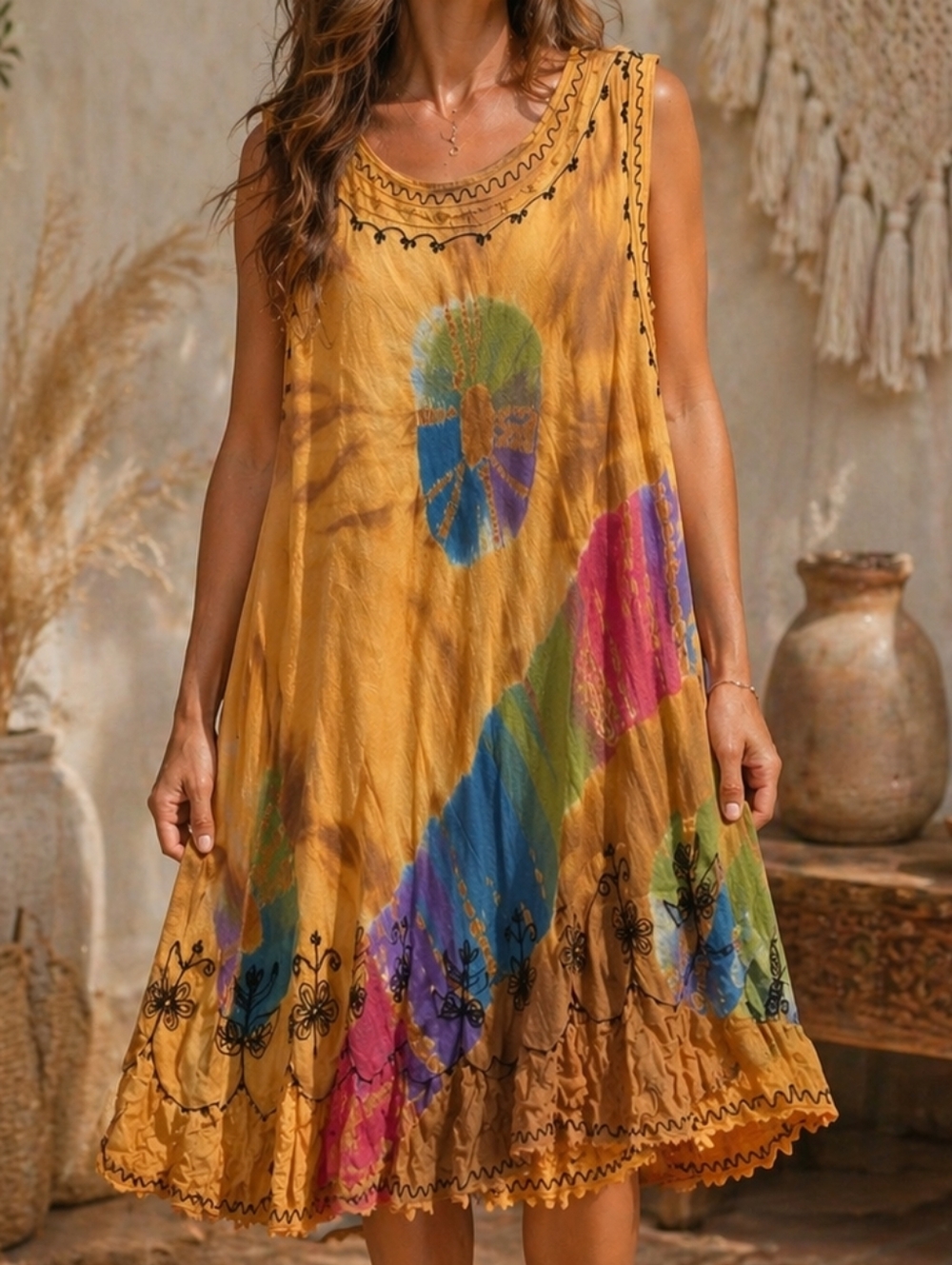 Ingear Yellow Tie-Dye Rayon Tunic Dress Boho Embroidered Sleeveless Flowy As Is